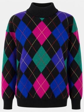 VTG 80's 100% Wool Argyle Turtleneck Sweater L Jewel Tone Dark Academia Preppy